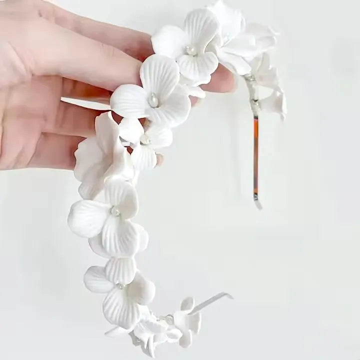 Wedding Hair Accessories - Ceramic Flowers and Pearls Bridal Headband - available in Silver and Gold