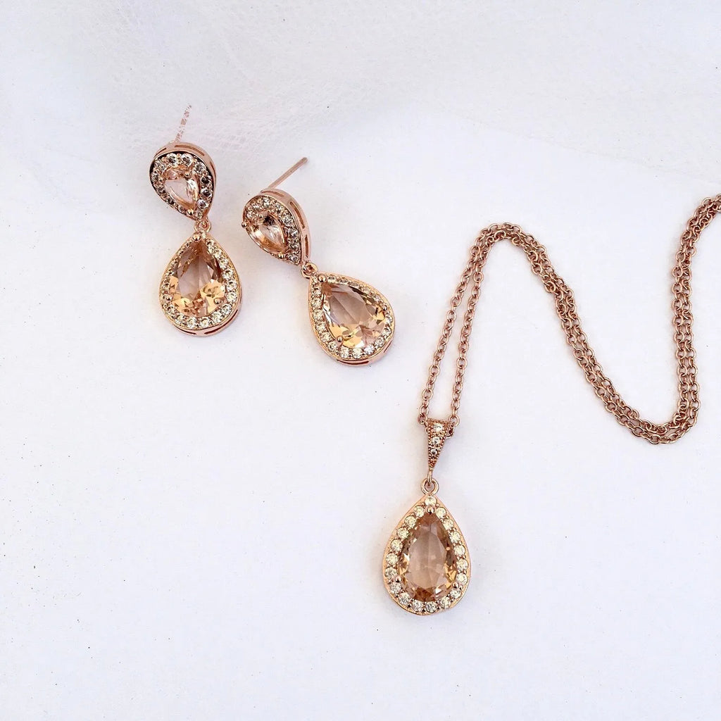 Wedding Jewelry - Champagne CZ Bridal Jewelry Set - Available in Rose Gold, Silver, and Yellow Gold