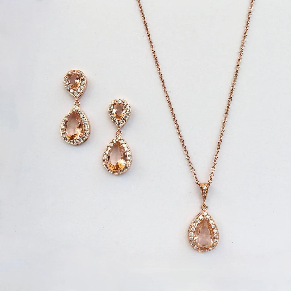 Wedding Jewelry - Champagne CZ Bridal Jewelry Set - Available in Rose Gold, Silver, and Yellow Gold