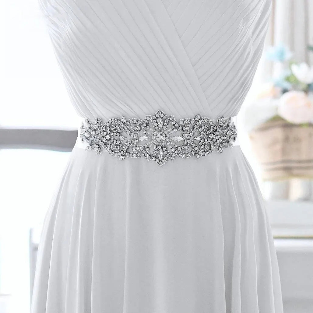 rhinestone belt for formal dress Wedding Accessories - Silver Bridal Sash with Crystals & Pearls Size:5'0