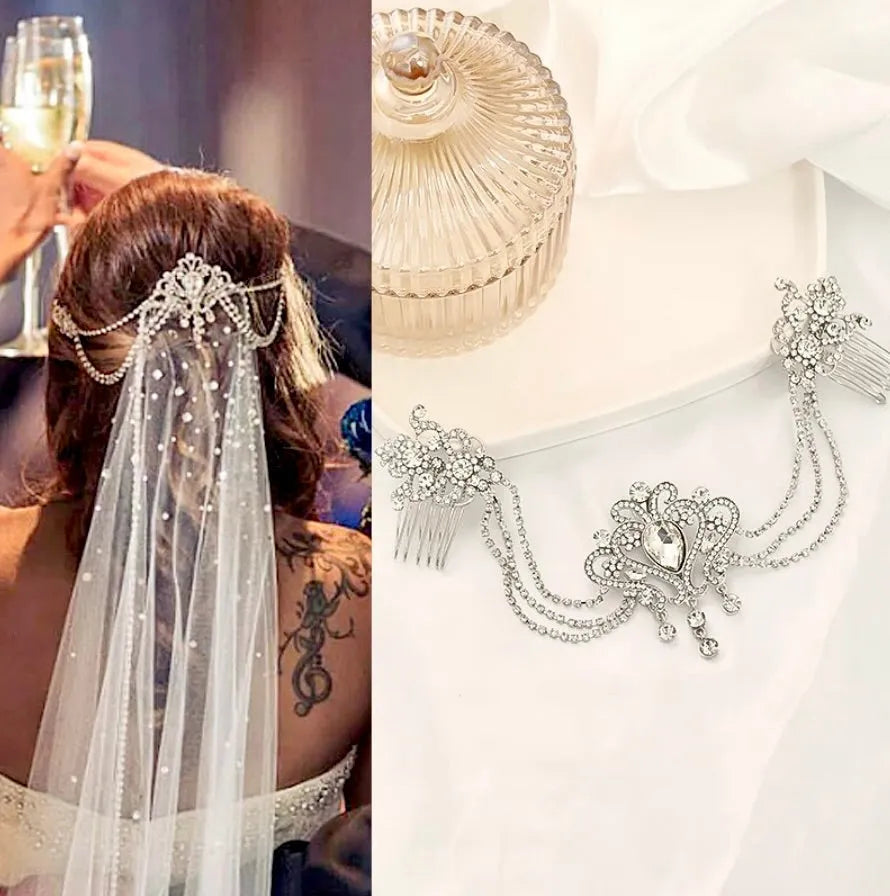 Wedding Hair Accessories - Art Deco Style Crystal Bridal Hair Drape - Available in Yellow Gold, Silver and Rose Gold