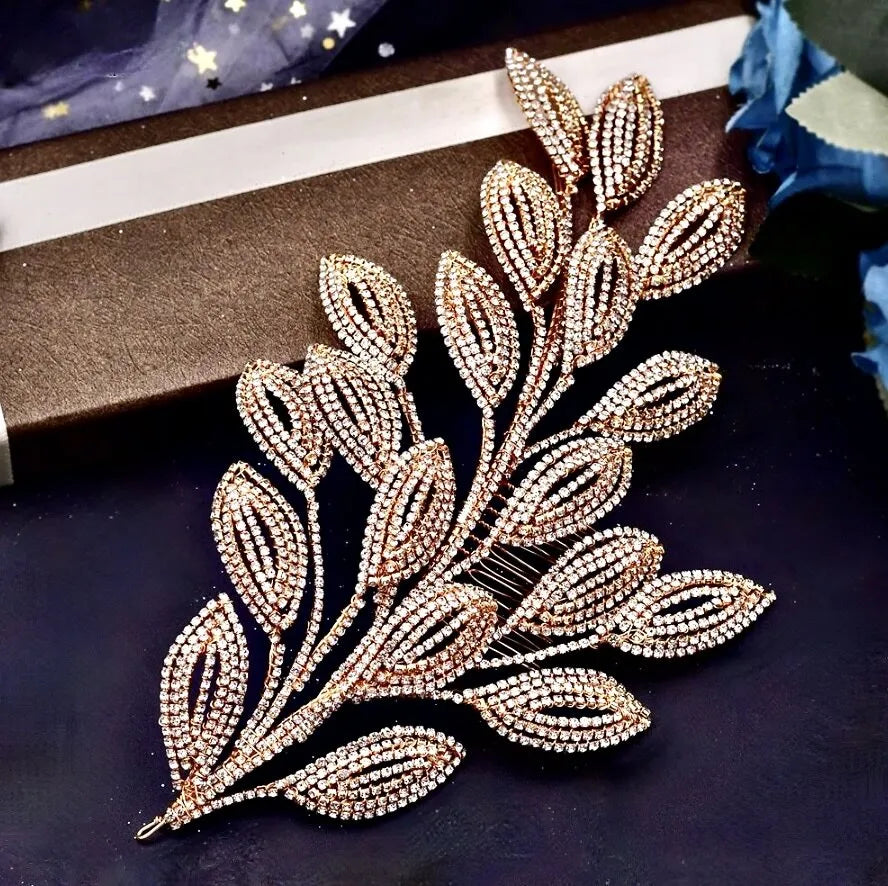 Wedding Hair Accessories - Crystal Leaf Bridal Headdress - Available in Silver and Gold