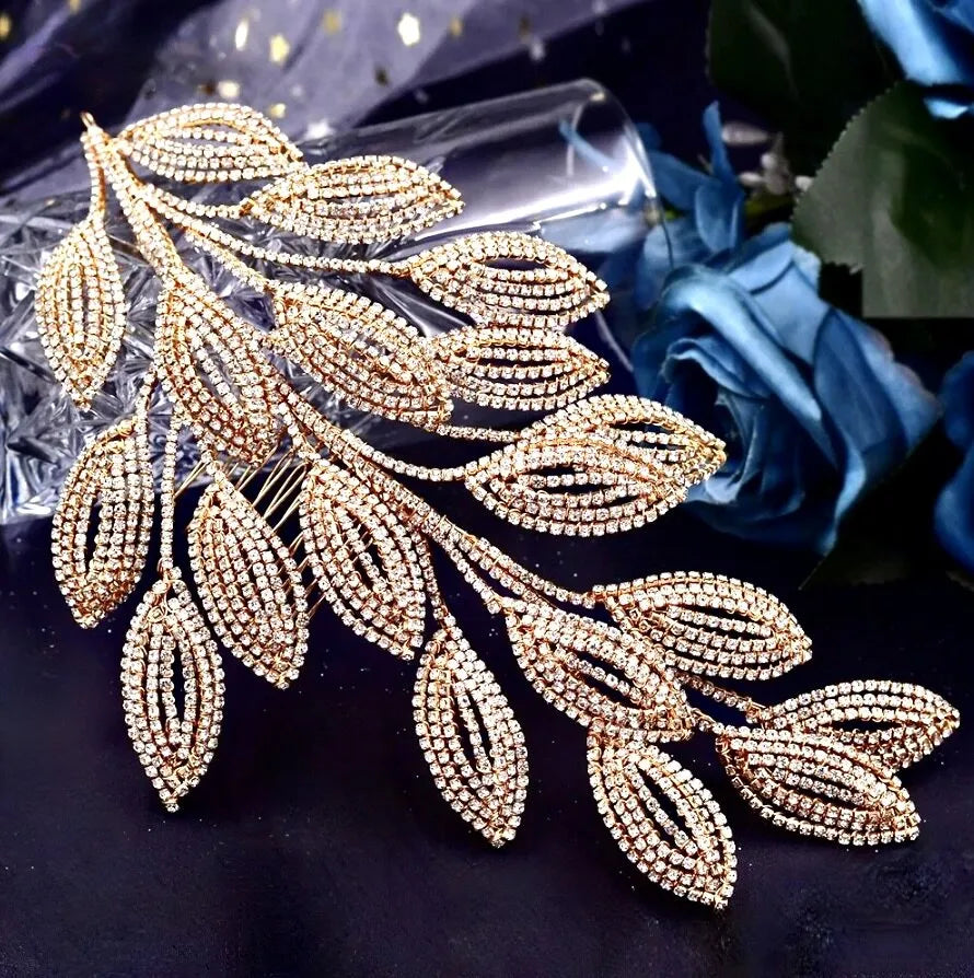 Wedding Hair Accessories - Crystal Leaf Bridal Headdress - Available in Silver and Gold