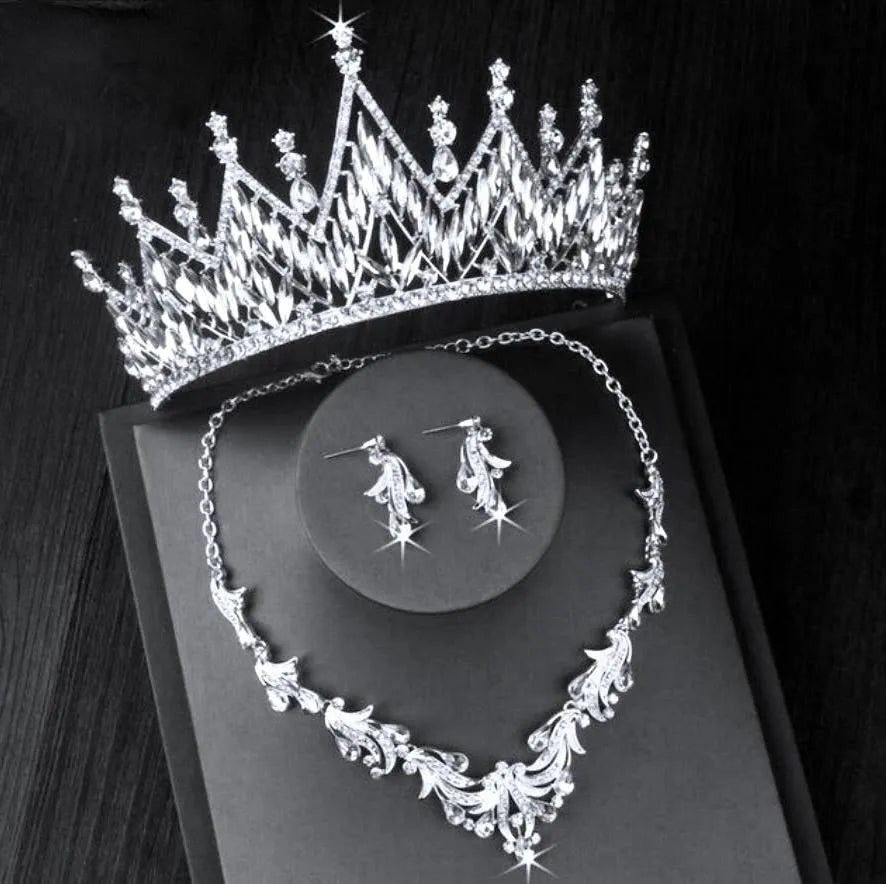 Wedding Jewelry and Accessories - Silver Cubic Zirconia 3-Piece Bridal Jewelry Set With Tiara