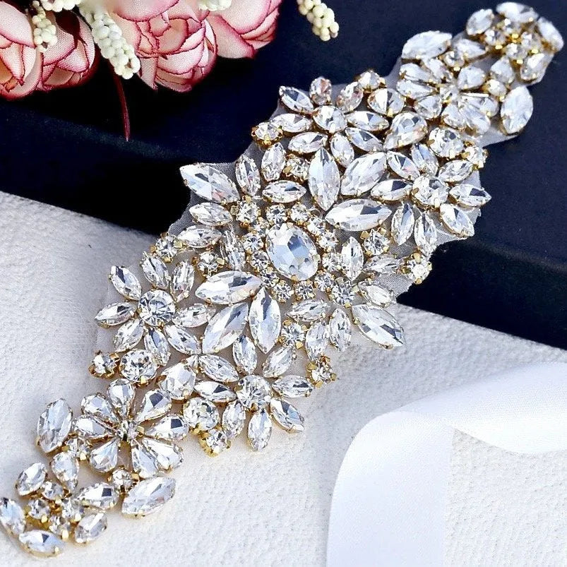 Wedding Dress Belt | Crystal Bridal Sash - Silver, Gold & Rose Gold White Ribbon / Yellow Gold Wedding Dress Belt | Crystal Bridal Sash - Silver, Gold & Rose Gold White Ribbon / Yellow Gold