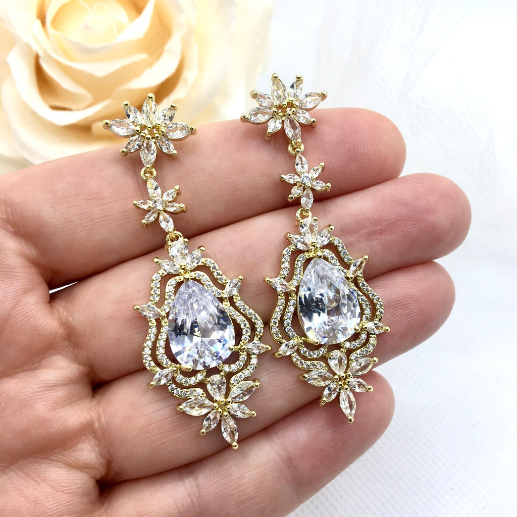 Wedding Jewelry - Cubic Zirconia Bridal Earrings - Available in Silver and Gold