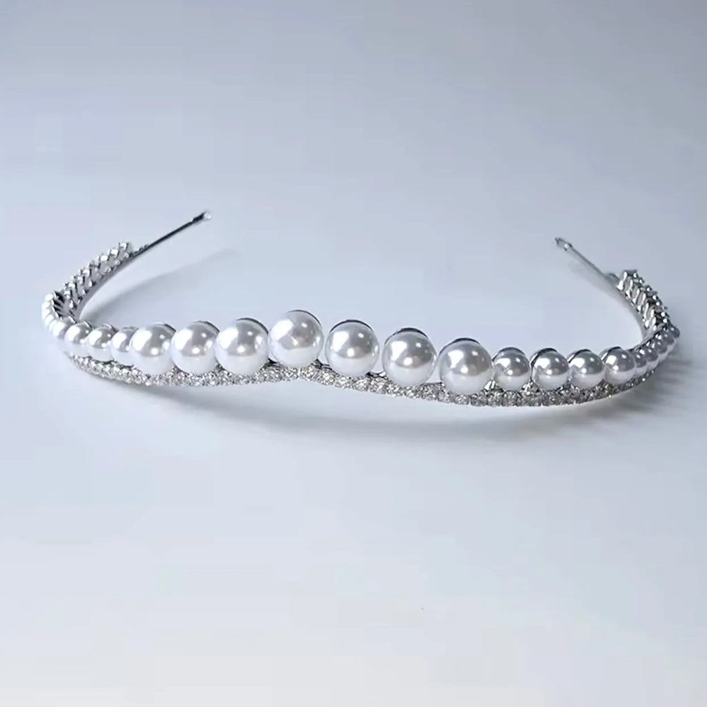 Delicate Pearl & CZ Bridal Tiara | Elegant Silver Wedding Headpiece