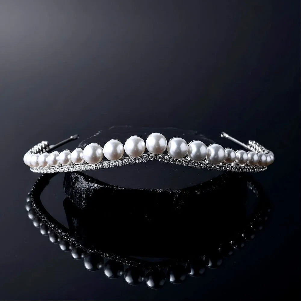 Delicate Pearl & CZ Bridal Tiara | Elegant Silver Wedding Headpiece