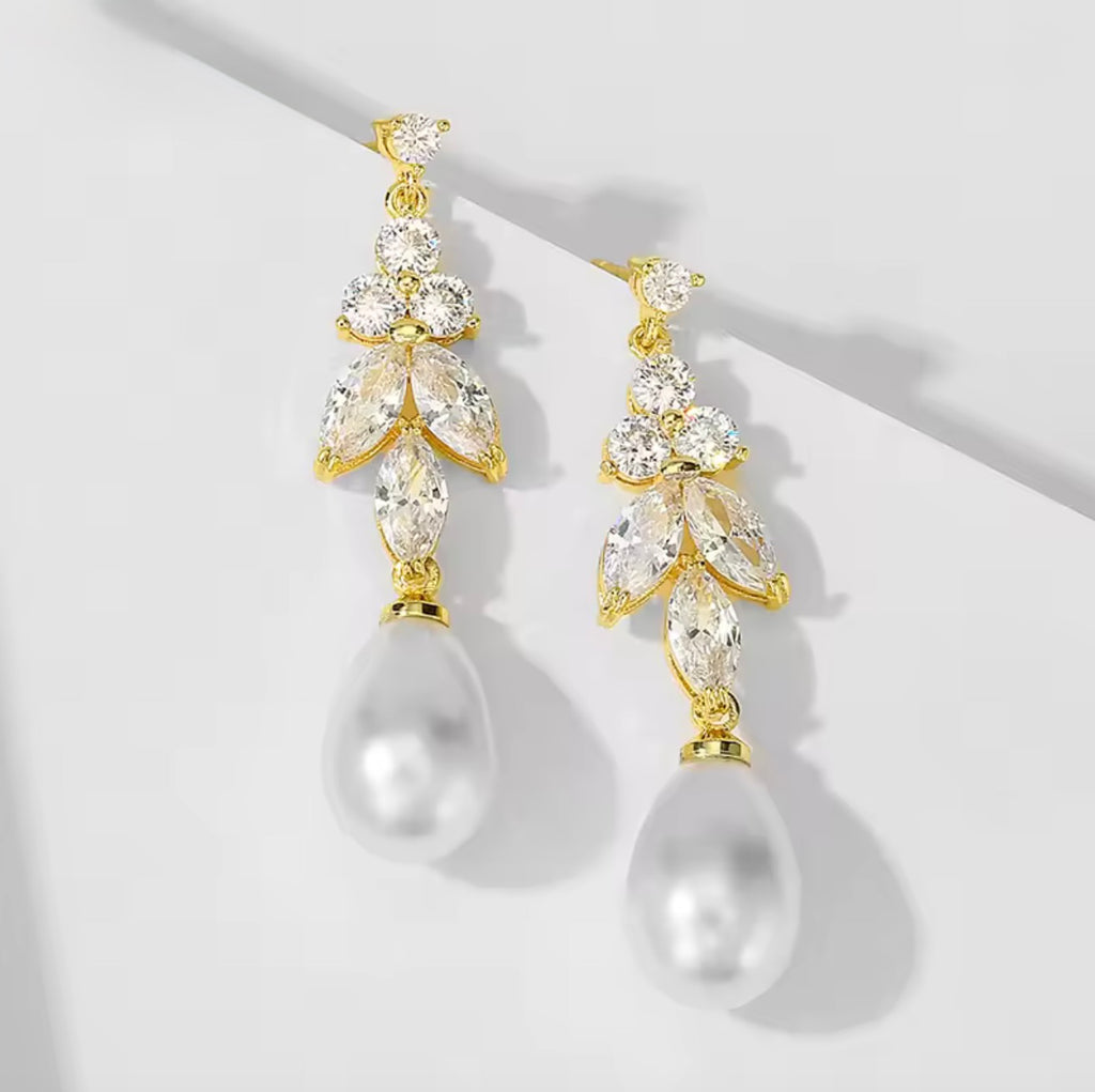 Delicate Pearl & CZ Bridal Earrings in Silver, Rose, or Yellow Gold