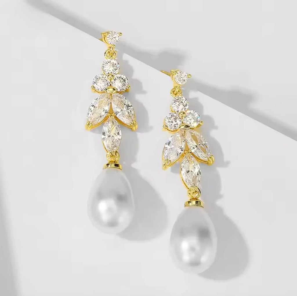 Delicate Pearl & CZ Bridal Earrings in Silver, Rose, or Yellow Gold