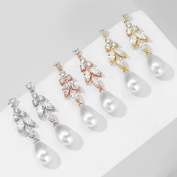 Delicate Pearl & CZ Bridal Earrings in Silver, Rose, or Yellow Gold