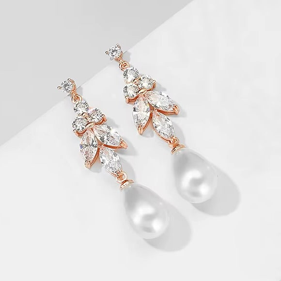 Delicate Pearl & CZ Bridal Earrings in Silver, Rose, or Yellow Gold