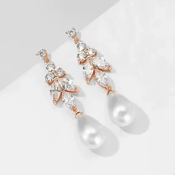 Delicate Pearl & CZ Bridal Earrings in Silver, Rose, or Yellow Gold