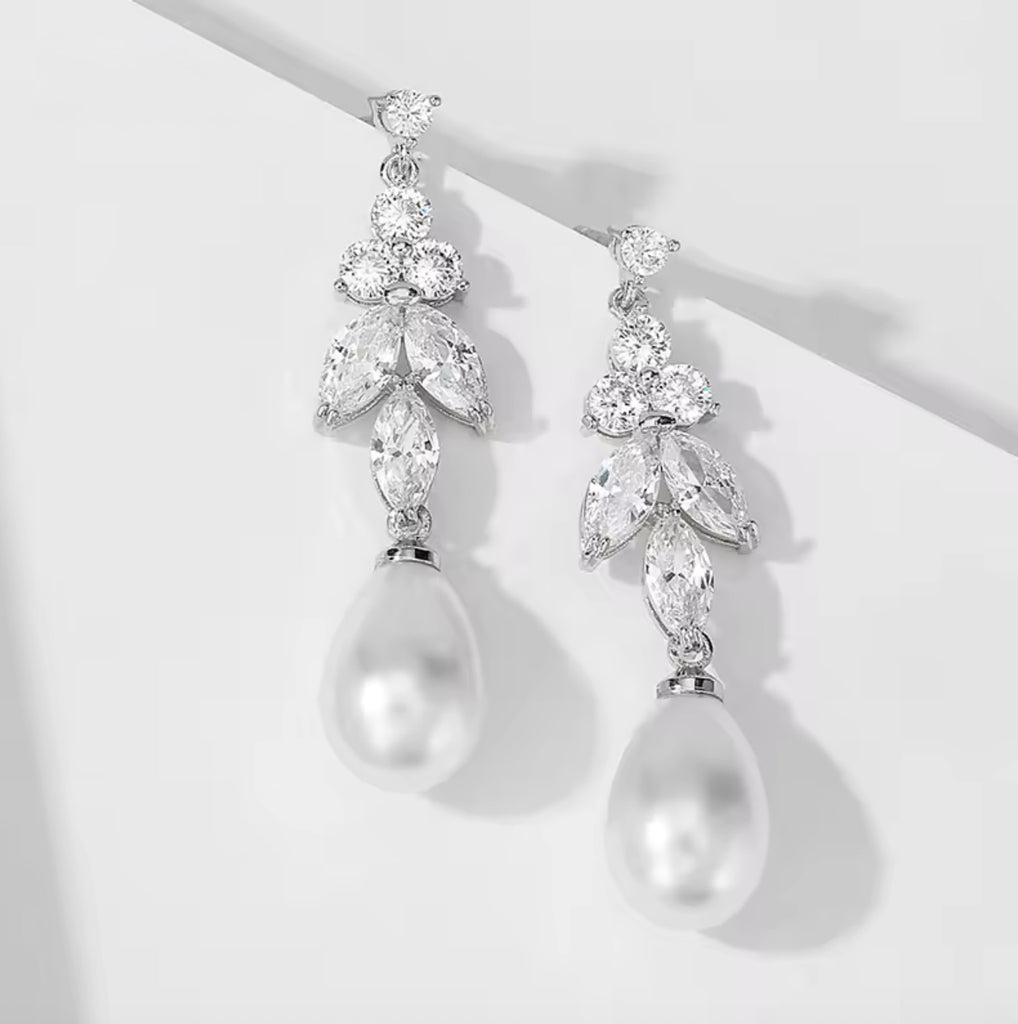 Delicate Pearl & CZ Bridal Earrings in Silver, Rose, or Yellow Gold