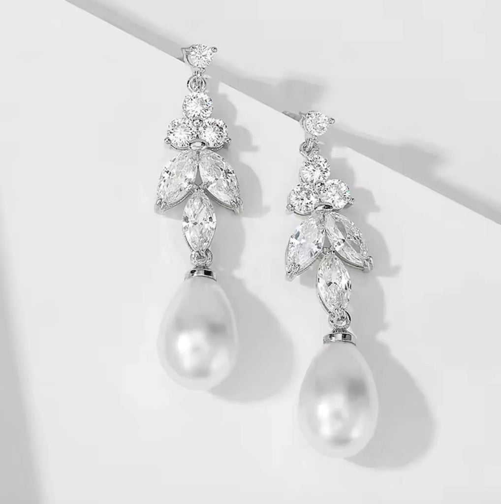 Delicate Pearl & CZ Bridal Earrings in Silver, Rose, or Yellow Gold