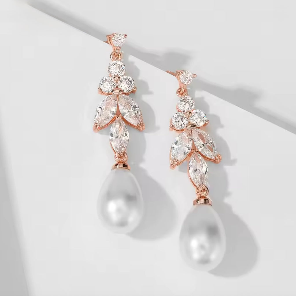 Delicate Pearl & CZ Bridal Earrings in Silver, Rose, or Yellow Gold
