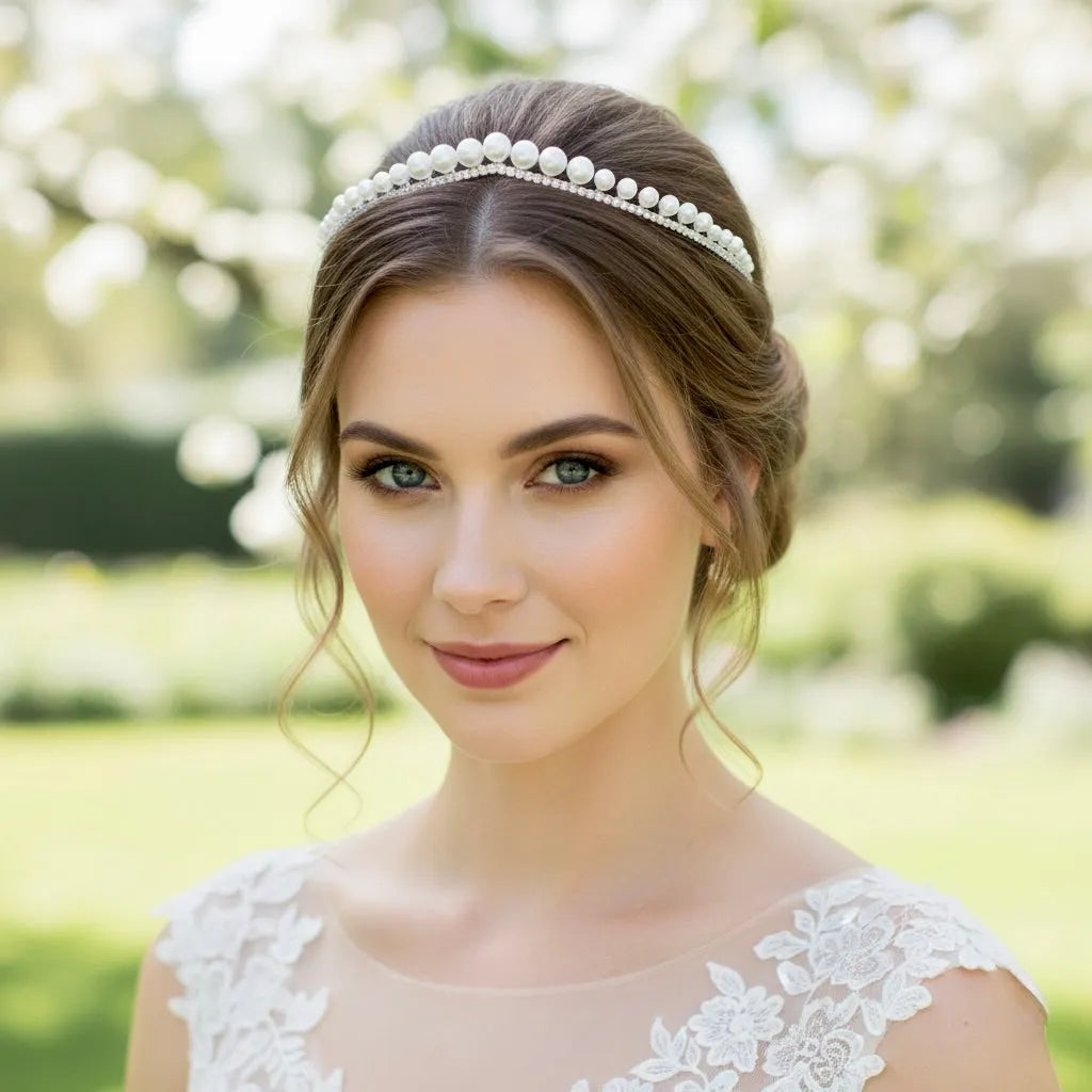 Delicate Pearl & CZ Bridal Tiara | Elegant Silver Wedding Headpiece