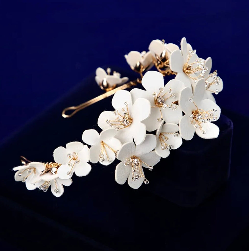 Wedding Hair Accessories - Eco-Leather Flowers Gold Bridal Headband
