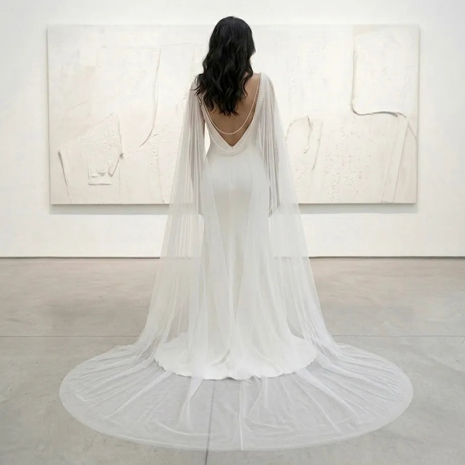 ivory cape for wedding dress Ivory Long Sleeve Cape Lace Mermaid Wedding Dress with Appliques, White-Nude / 20