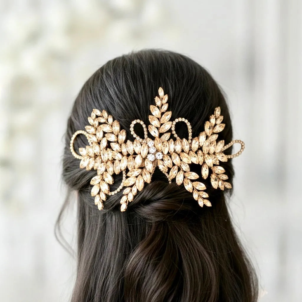 Champagne Crystal Bridal Hair Vine in Gold - Flexible Wedding Hair