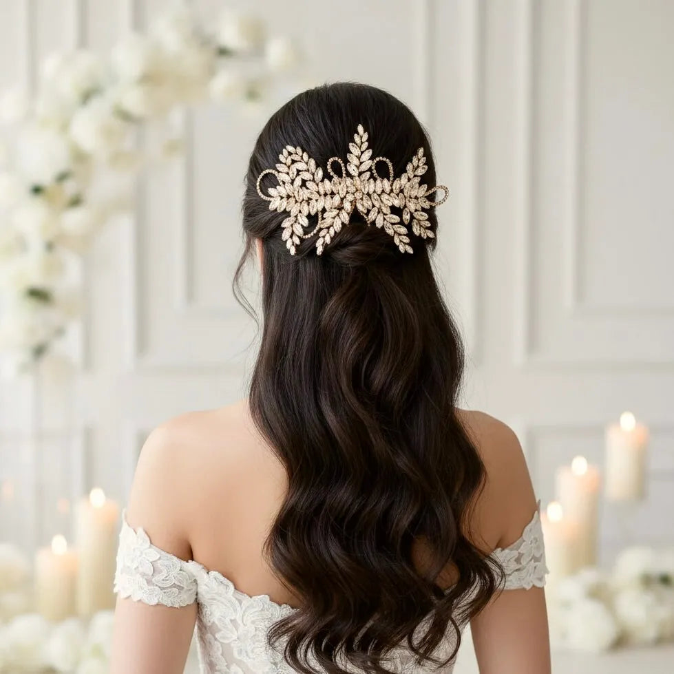 Champagne Crystal Bridal Hair Vine in Gold - Flexible Wedding Hair