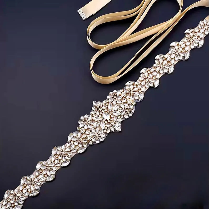 Elegant Gold Crystal Bridal Belt on Champagne Satin Ribbon