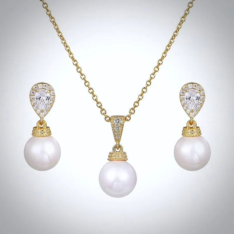 Pearl Wedding Jewelry - Pearl and Cubic Zirconia Jewelry Set - Available in Gold and Silver