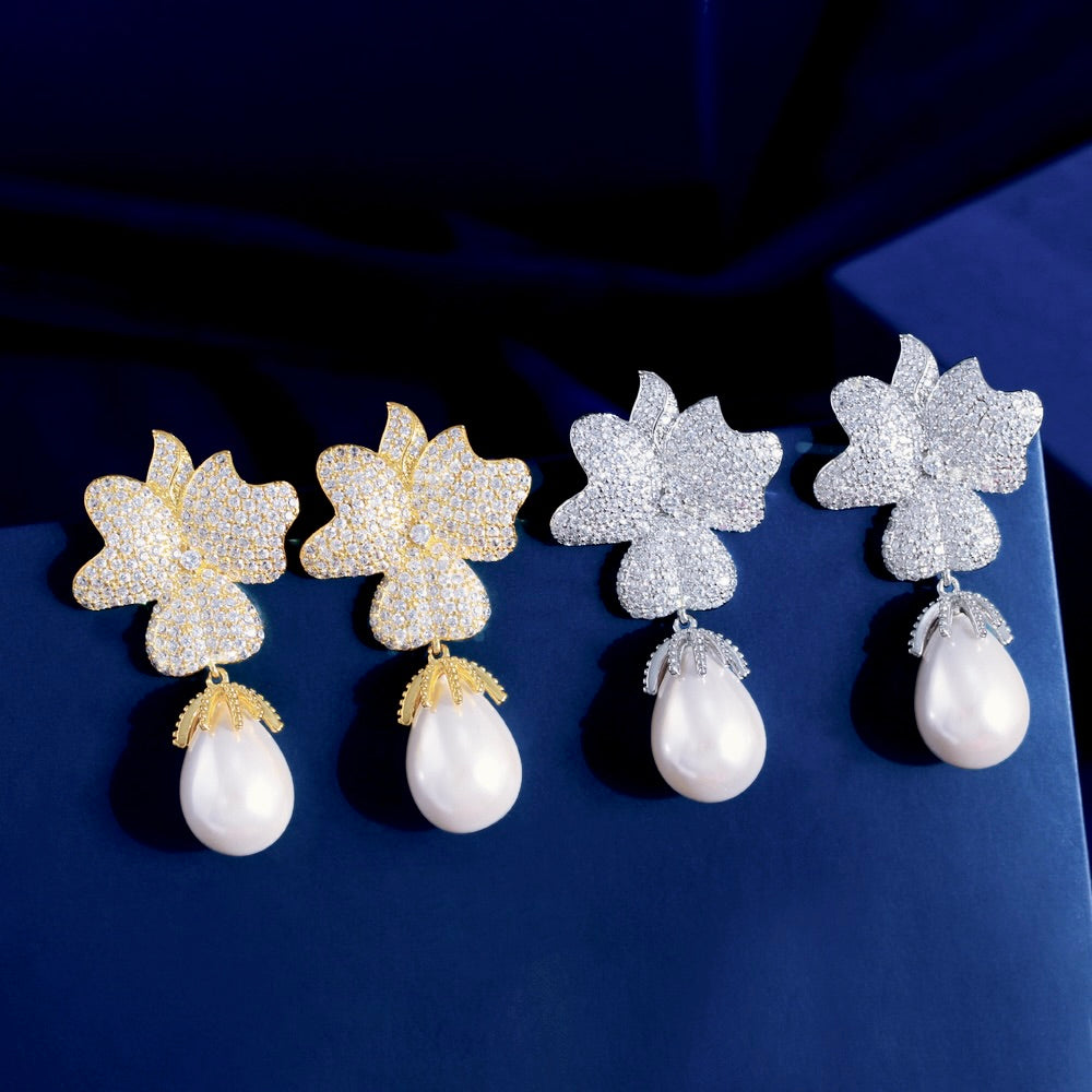 Wedding Jewelry | Pearl and CZ Bridal Earrings 'Dori' - Silver & Gold