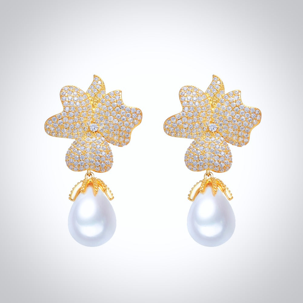 Wedding Jewelry | Pearl and CZ Bridal Earrings 'Dori' - Silver & Gold