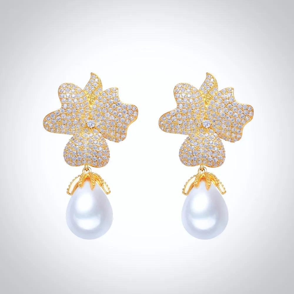 Wedding Jewelry | Pearl and CZ Bridal Earrings 'Dori' - Silver & Gold