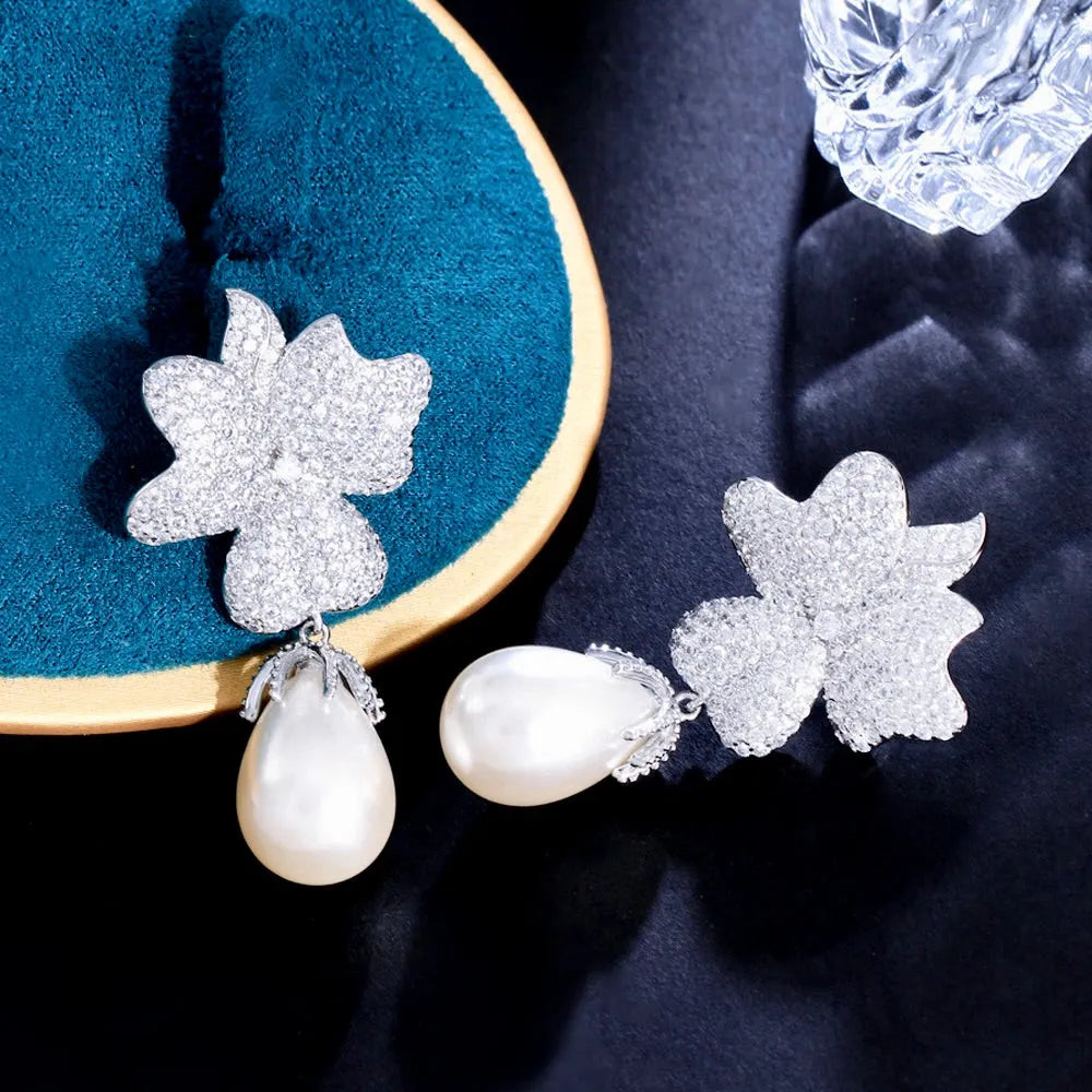 Wedding Jewelry | Pearl and CZ Bridal Earrings 'Dori' - Silver & Gold