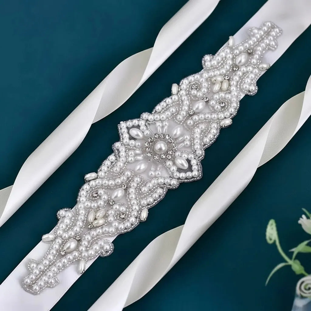 Bridal White Satin Beaded Sash belt Glitzy Pearl and Crystal Beaded Wedding Dress Belt Sash main image 4