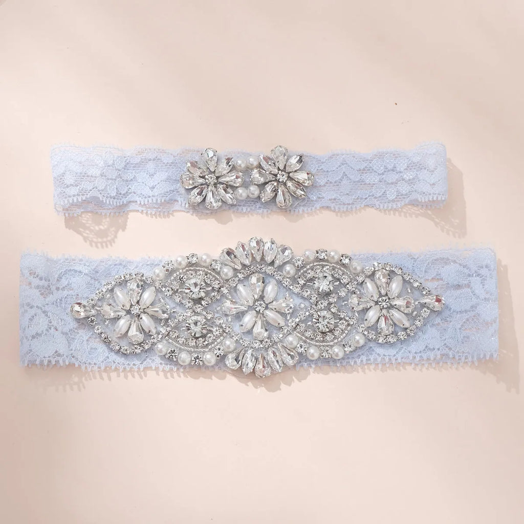 Pearl & Crystal Bridal Garter Set | Light Blue Lace Wedding Garter