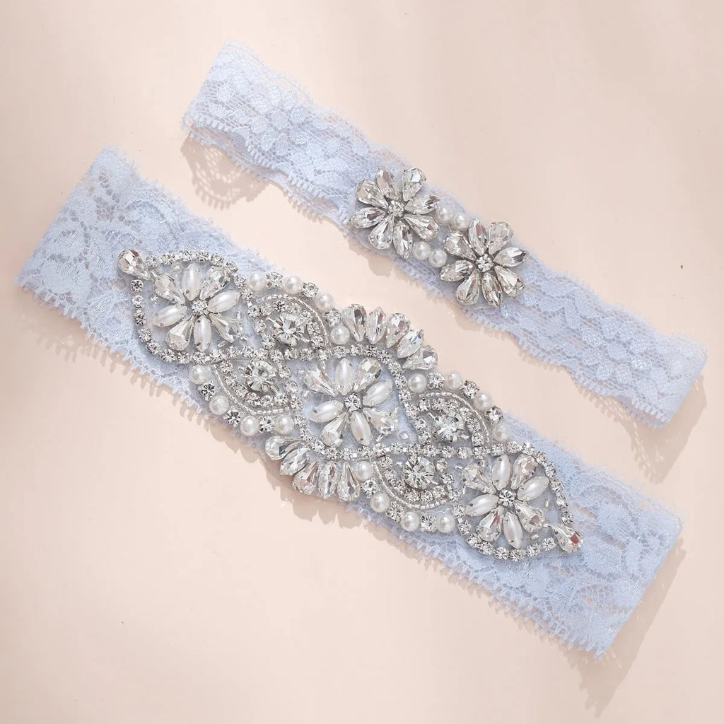 Pearl & Crystal Bridal Garter Set | Light Blue Lace Wedding Garter