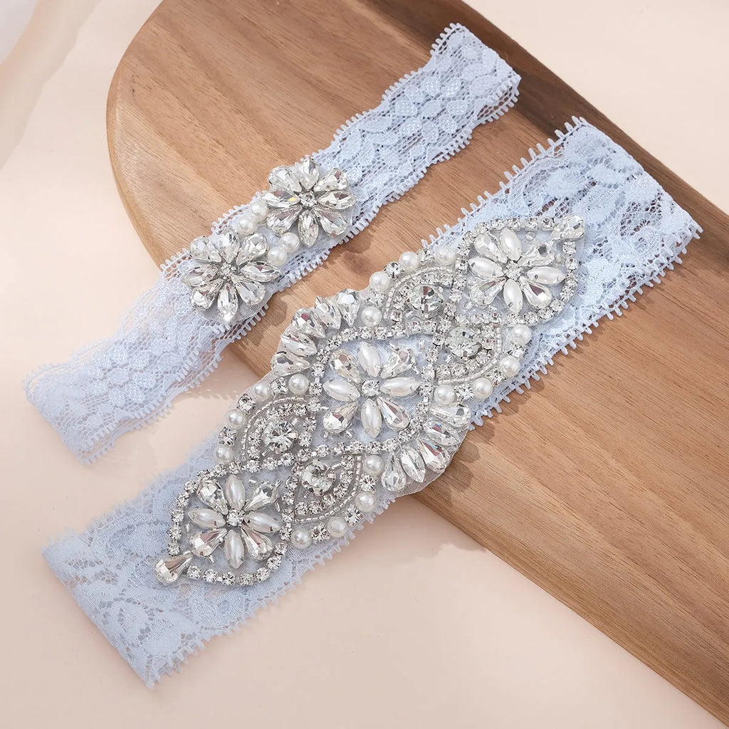 Pearl & Crystal Bridal Garter Set | Light Blue Lace Wedding Garter