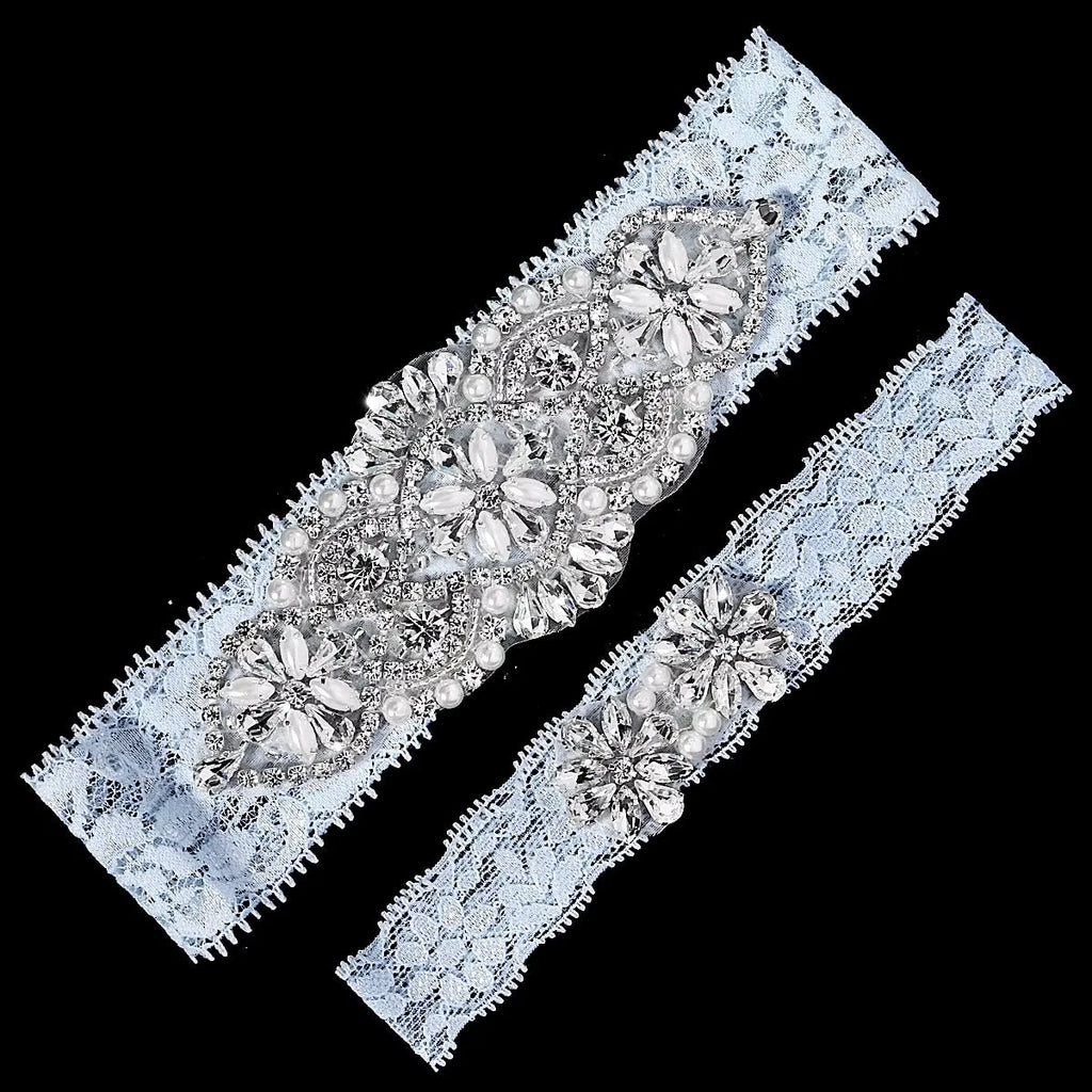 Pearl & Crystal Bridal Garter Set | Light Blue Lace Wedding Garter