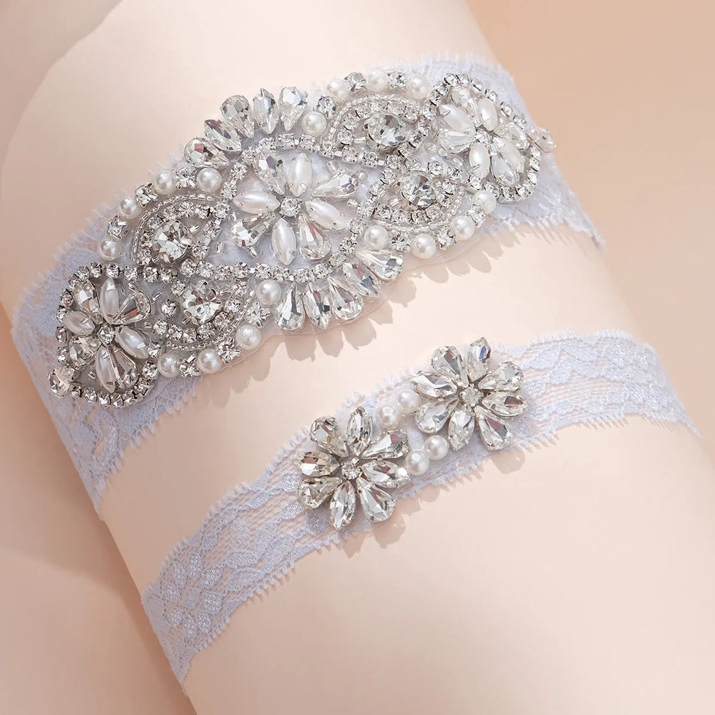 Pearl & Crystal Bridal Garter Set | Light Blue Lace Wedding Garter