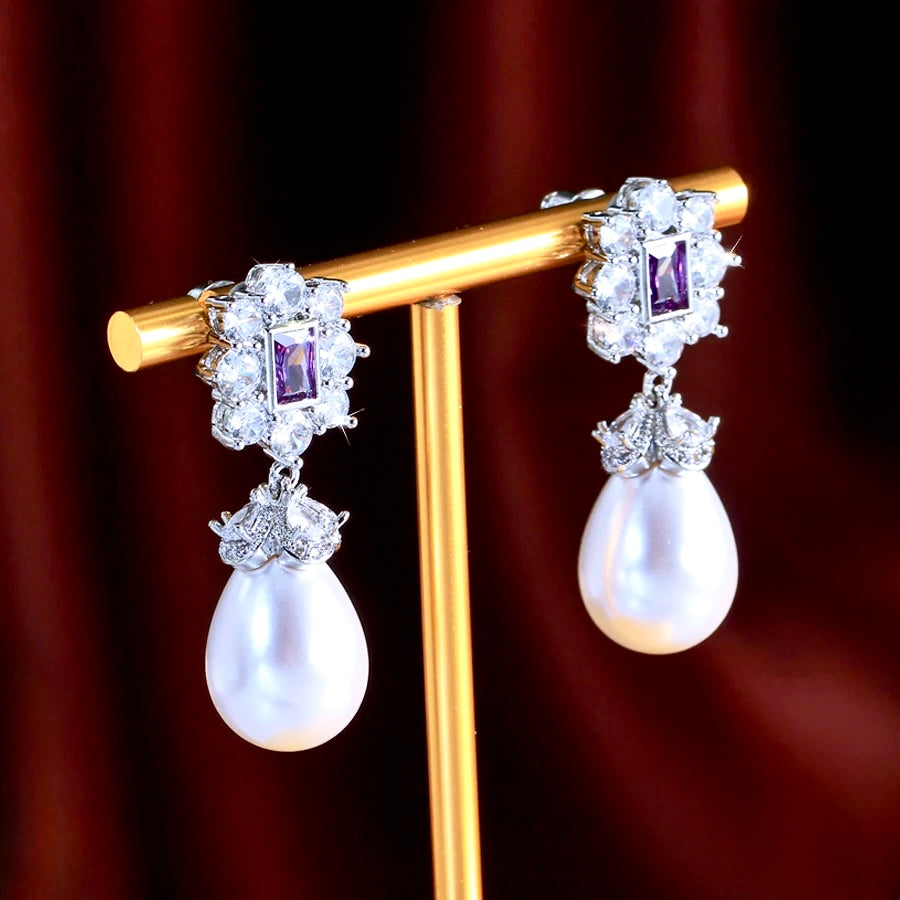 Bridal & Event Jewelry | Elegant Pearl Earrings with Purple Cubic Zirconia