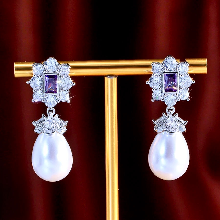 Bridal & Event Jewelry | Elegant Pearl Earrings with Purple Cubic Zirconia