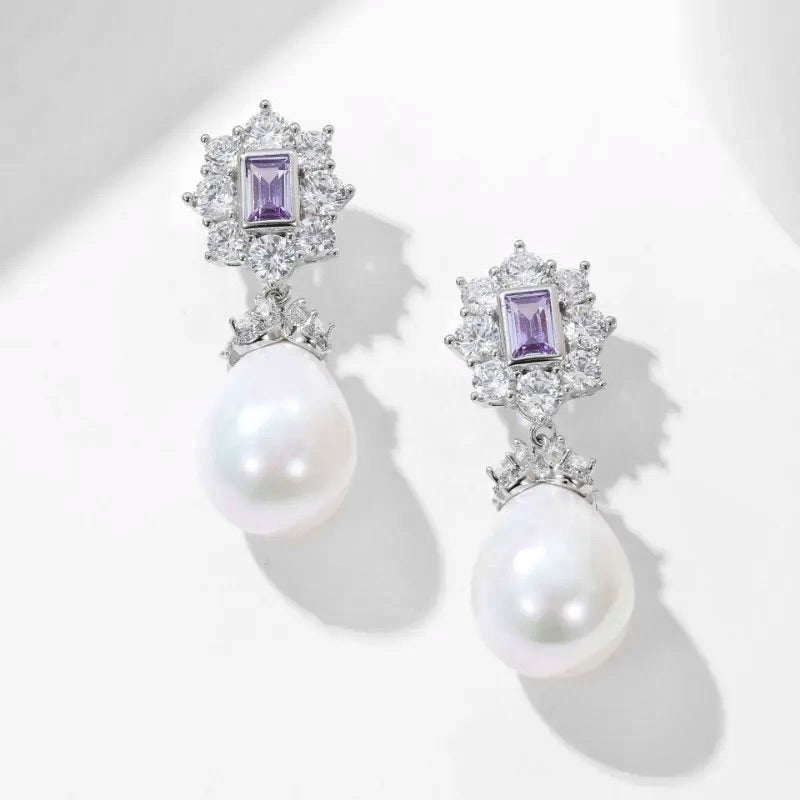 Bridal & Event Jewelry | Elegant Pearl Earrings with Purple Cubic Zirconia