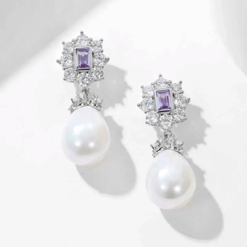 Bridal & Event Jewelry | Elegant Pearl Earrings with Purple Cubic Zirconia