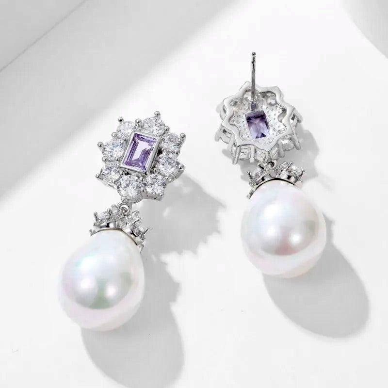 Bridal & Event Jewelry | Elegant Pearl Earrings with Purple Cubic Zirconia