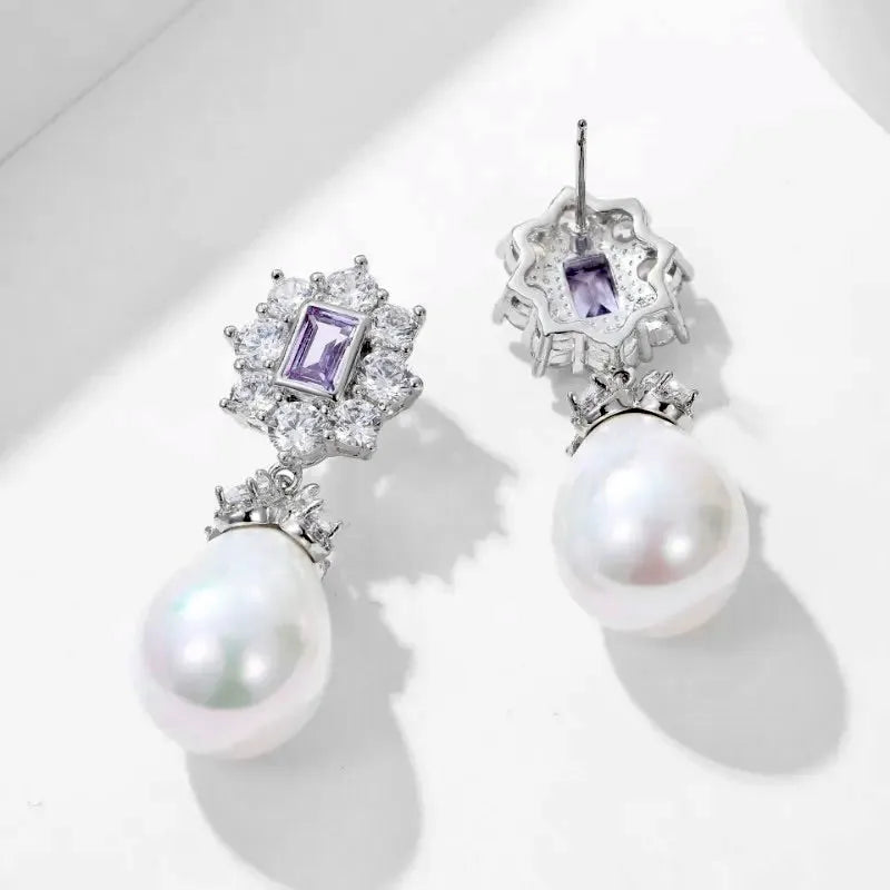 Bridal & Event Jewelry | Elegant Pearl Earrings with Purple Cubic Zirconia