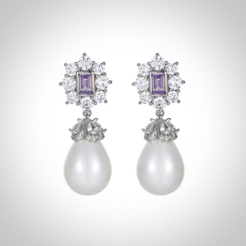 Bridal & Event Jewelry | Elegant Pearl Earrings with Purple Cubic Zirconia