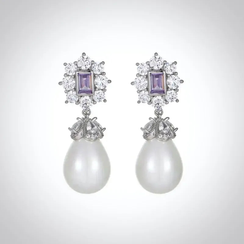 Bridal & Event Jewelry | Elegant Pearl Earrings with Purple Cubic Zirconia