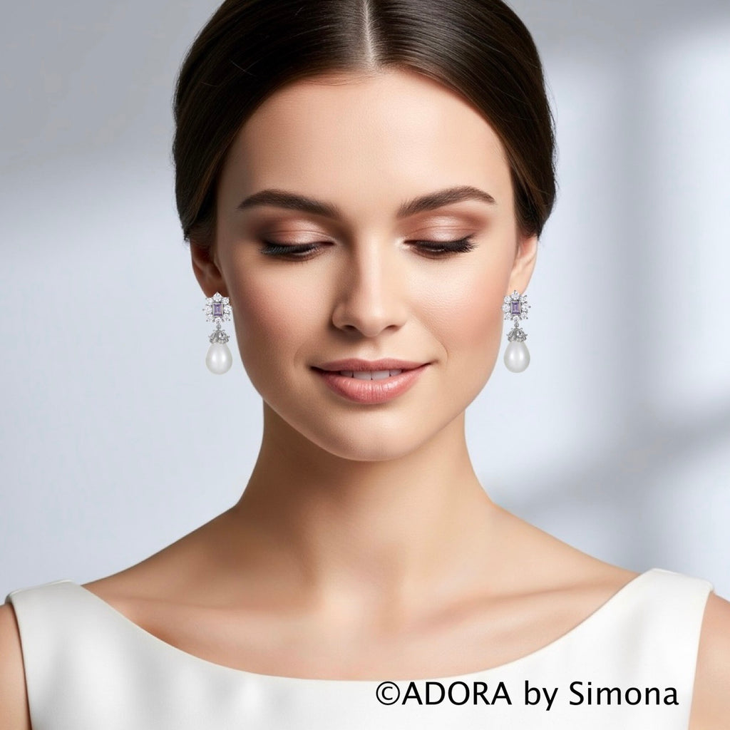 Bridal & Event Jewelry | Elegant Pearl Earrings with Purple Cubic Zirconia