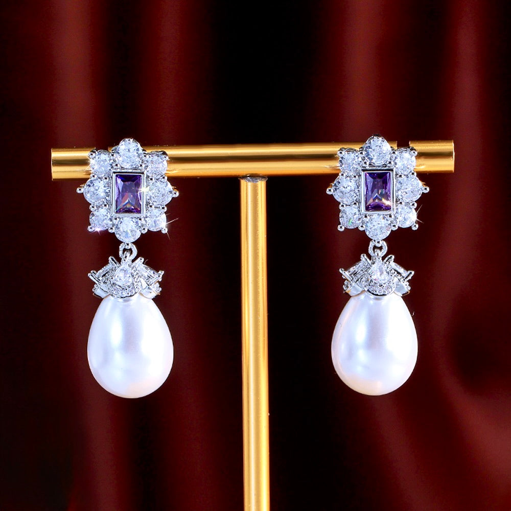Bridal & Event Jewelry | Elegant Pearl Earrings with Purple Cubic Zirconia