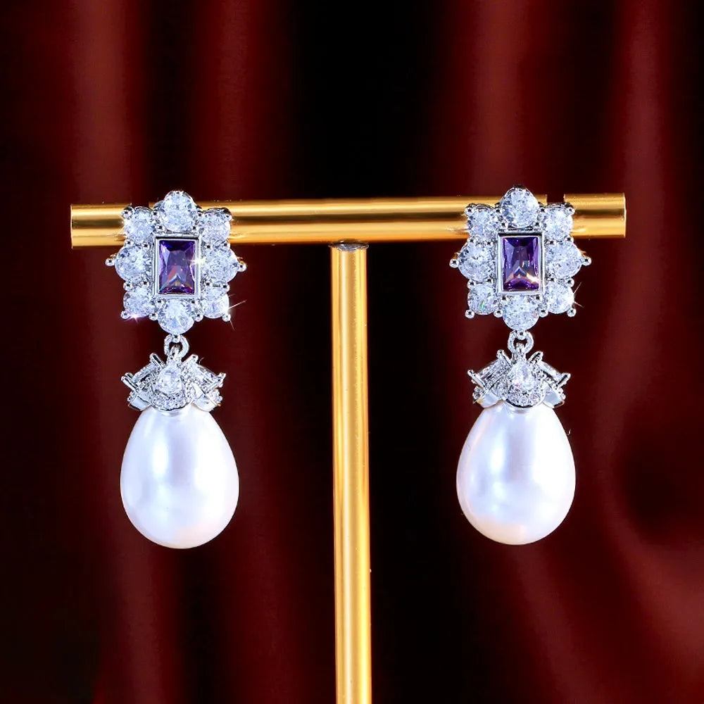 Bridal & Event Jewelry | Elegant Pearl Earrings with Purple Cubic Zirconia