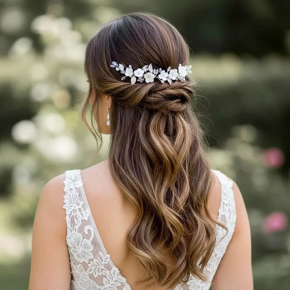 Wedding Hair Accessories - Ivory Ceramic Flowers Bridal Short Hair Vine