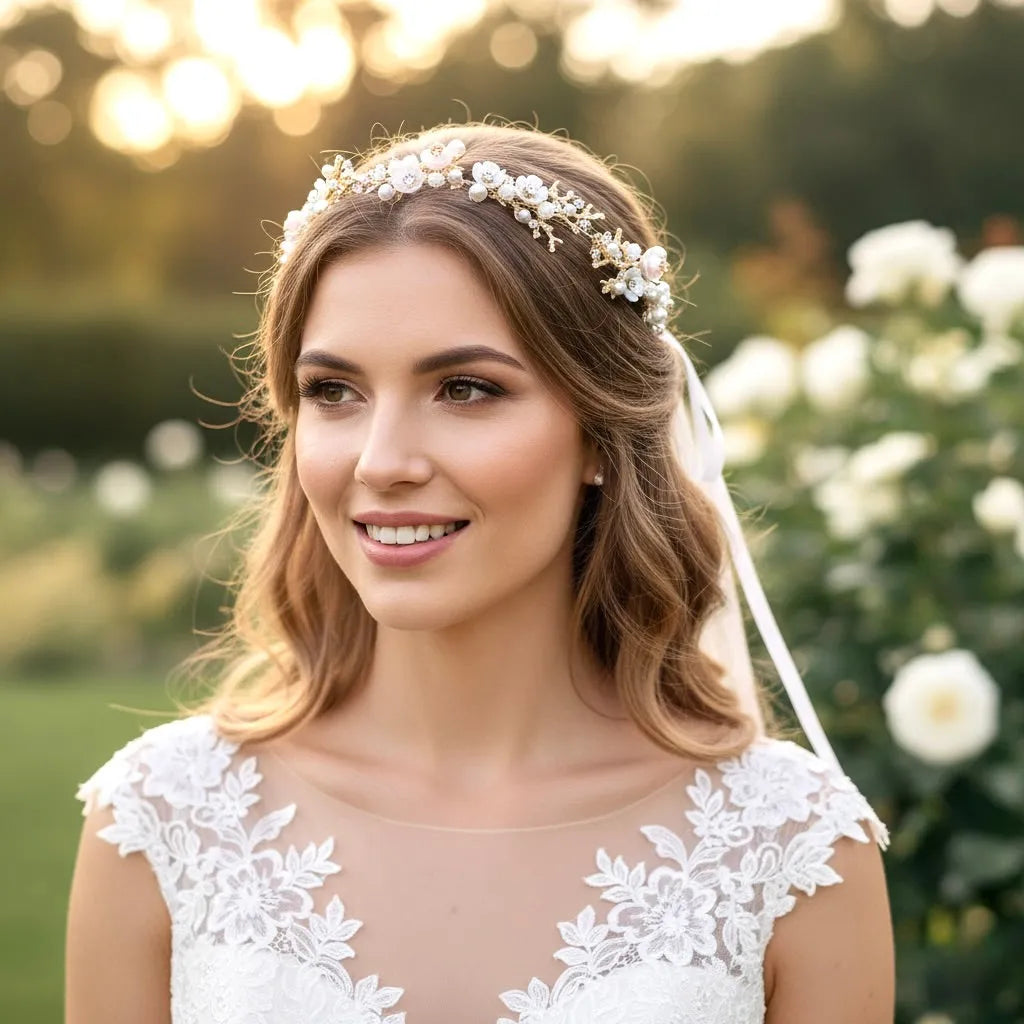 Wedding Hair Accessories - Pearl and Crystal Bridal Headband - Available in Yellow Gold, Rose Gold and Silver